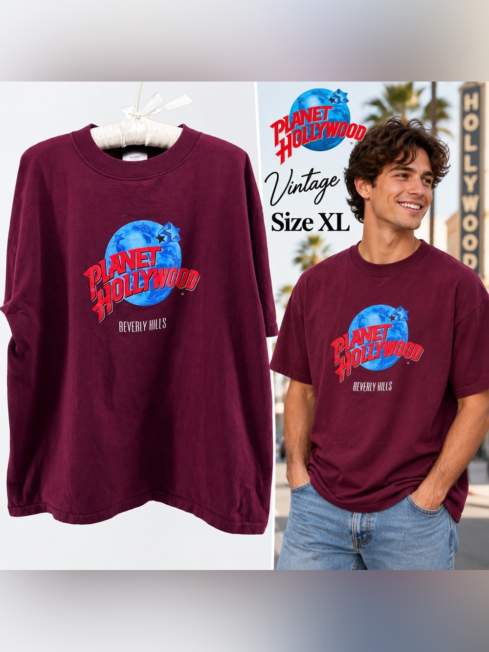 Planet Hollywood Beverly Hills T Shirt XL Burgundy 90s Graphic Tee Vintage